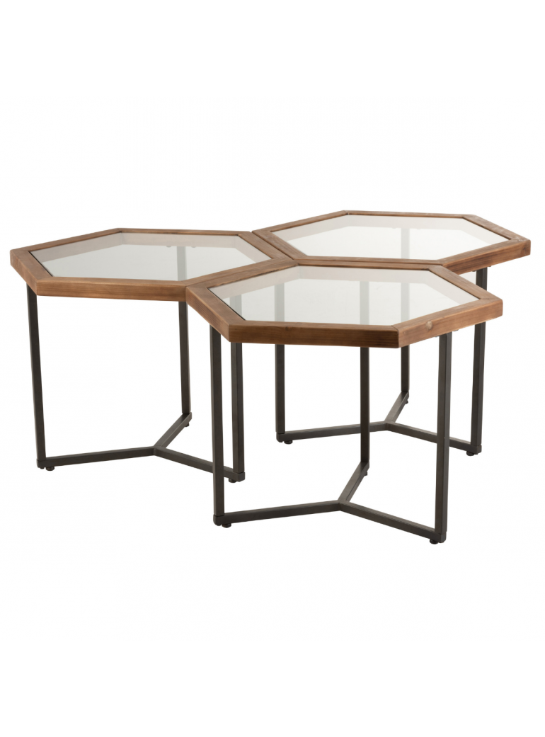 Set de 3 tables d'appoint forme hexagonale en verre et bois
