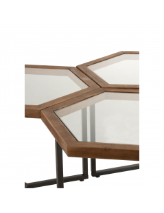 Set de 3 tables d'appoint forme hexagonale en verre et bois